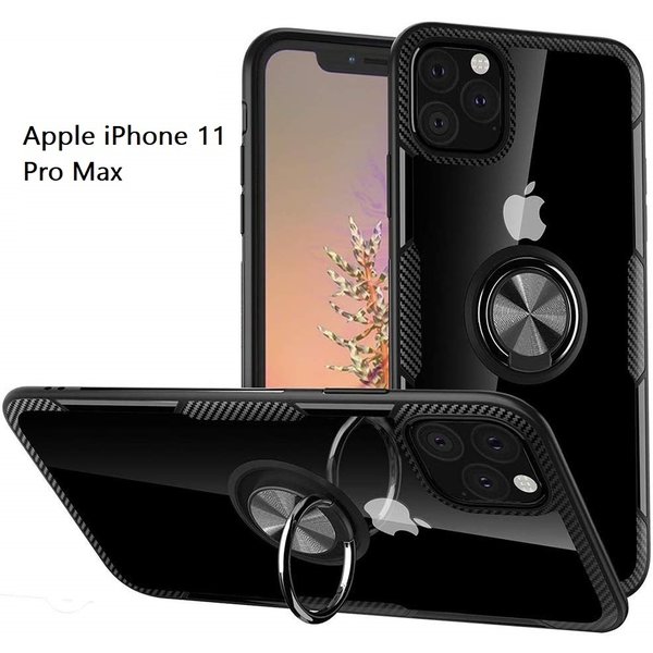 Ntech Hoesje Geschikt voor iPhone 11 Pro Max Luxe Back Hoesje Metale Ring houder - Zwart