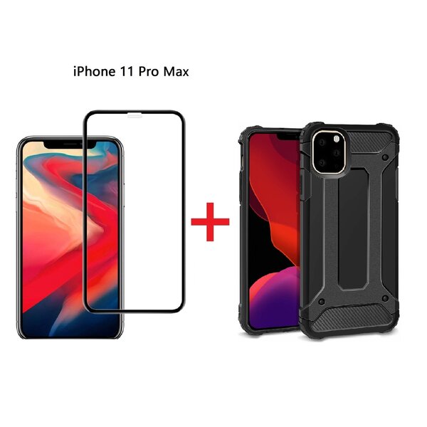 Ntech Hoesje Geschikt voor iPhone 11 Pro Max Screen Protecter Zwart + Armor Hoesje