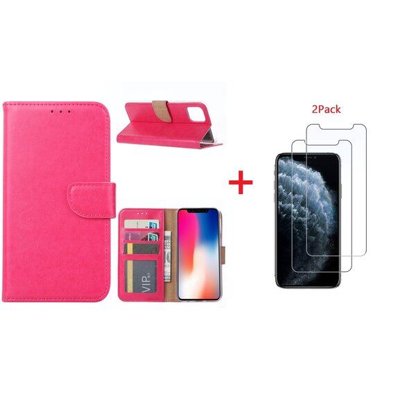 Ntech Hoesje Geschikt voor iPhone 11 Pro Max Portemonnee hoesje + 2X Screenprotector - Roze