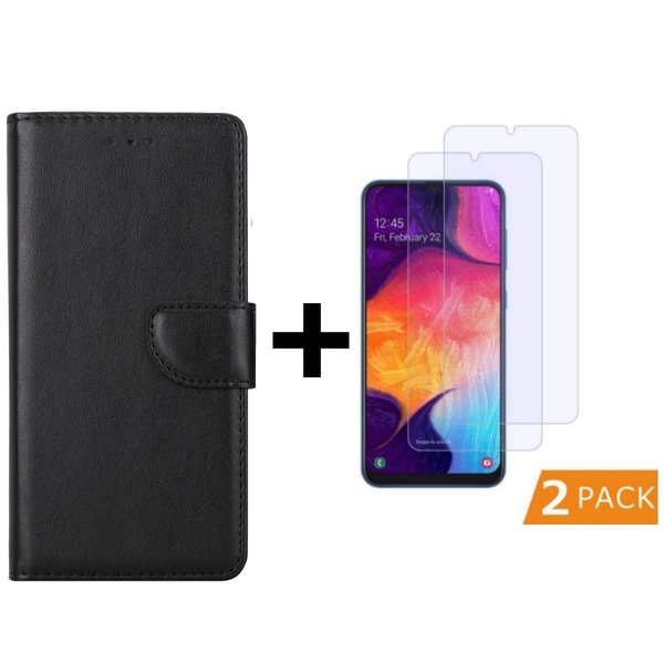 Ntech Hoesje Geschikt Voor Samsung Galaxy A50s/A30s Portemonnee hoesje - Zwart Met 2 stuks Glazen screenprotector