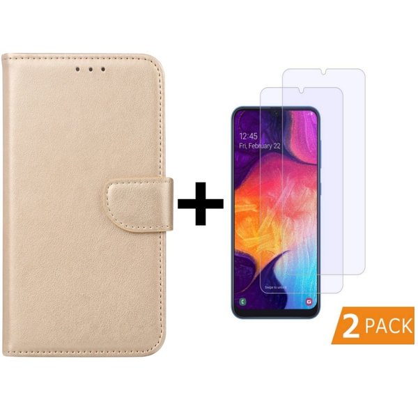 Ntech Hoesje Geschikt Voor Samsung Galaxy A50s/A30s Portemonnee hoesje - Goud Met 2 stuks Glazen screenprotector