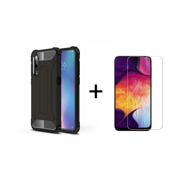 Ntech Hoesje Geschikt Voor Samsung Galaxy A50s/A30s Armor Hoesje - Zwart + Tempered glass
