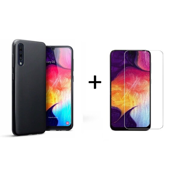 Ntech Hoesje Silicone Hoesje Flexible & Scratch Resistent TPU Case Hoesje Geschikt Voor Samsung Galaxy A50s/A30s - Zwart + Glazen Screenprotector
