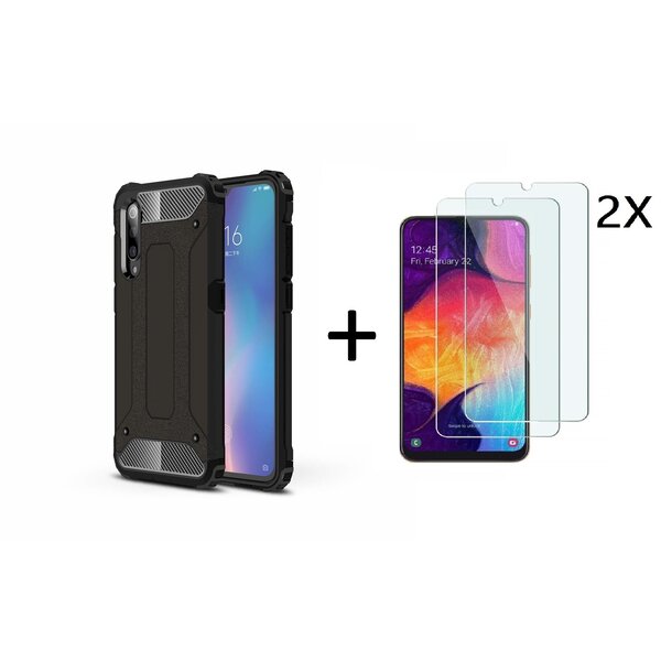 Ntech Hoesje Geschikt Voor Samsung Galaxy A50s/A30s Armor Hoesje Zwart + 2 stuks Tempered glass