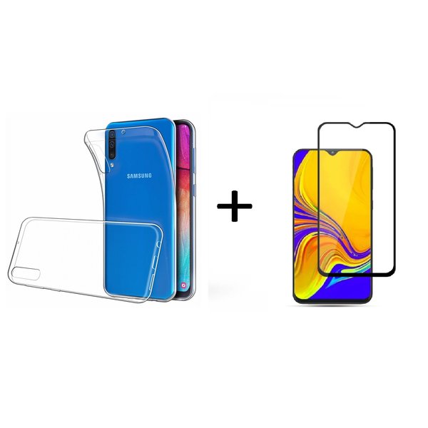 Ntech Hoesje Geschikt Voor Samsung Galaxy A50s/A30s TPU Back hoesje - Transparant + Full Cover Glazen Screenprotector Zwart