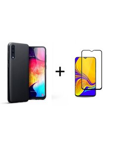 Ntech Hoesje Silicone Hoesje Flexibel & Scratch Resistent TPU Case Samsung Galaxy A50s/A30s - Zwart + Full Cover Glazen Screenprotector Zwart