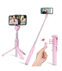Ntech 3 in 1 Selfie Stick met Afstandsbediening en Foldable Tripod Stand Samsung Galaxy A50s/A30s - Roze