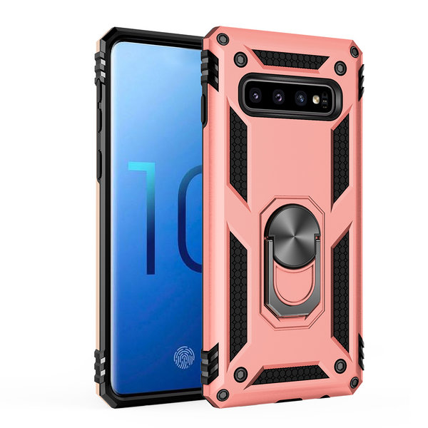 Ntech Hoesje Geschikt Voor Samsung Galaxy S10 Armor Hoesje Ringhouder TPU - Rose goud