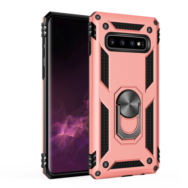 Ntech Hoesje Geschikt Voor Samsung Galaxy S10+ Armor Hoesje Ringhouder TPU - Rose goud