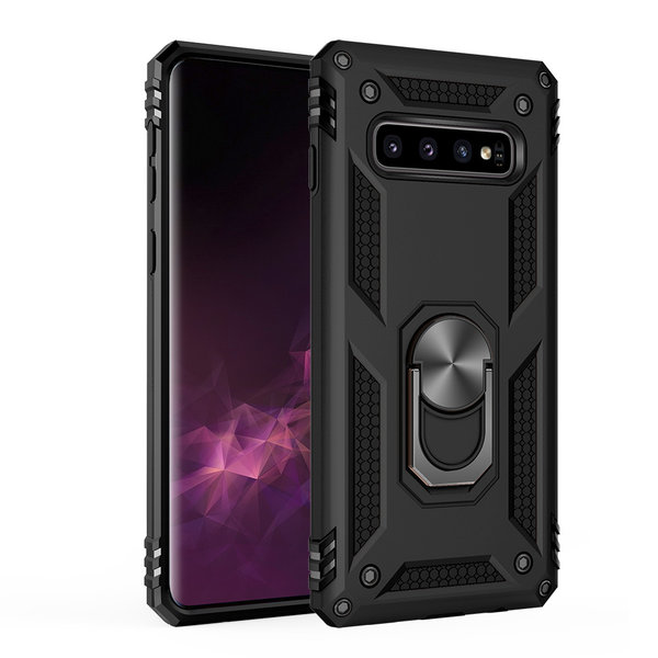 Ntech Hoesje Geschikt Voor Samsung Galaxy S10+ Armor Hoesje Ringhouder TPU - Zwart