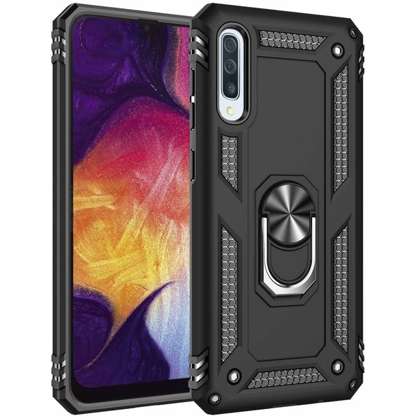 Ntech Hoesje Geschikt Voor Samsung Galaxy A50/A50s Armor Hoesje Ringhouder TPU - Zwart