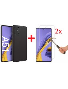 Ntech Samsung Galaxy A51 - Zwart hoesje TPU backcover + 2x Glazen screenprotector