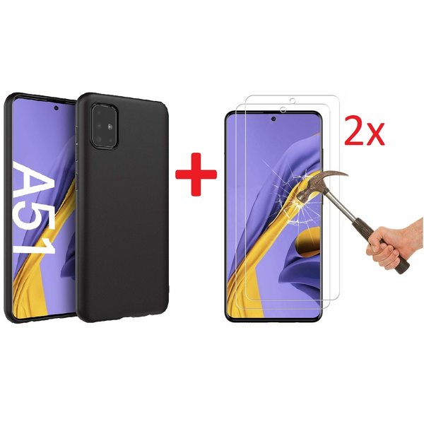 Ntech Hoesje Geschikt Voor Samsung Galaxy A51 - Zwart hoesje TPU Back Cover + 2x Glazen screenprotector