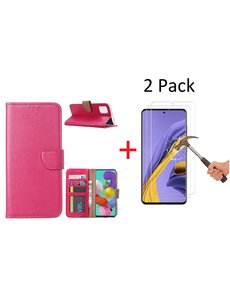Ntech Samsung Galaxy A51 Portemonnee hoesje + 2X Screenprotector - Roze/Pink