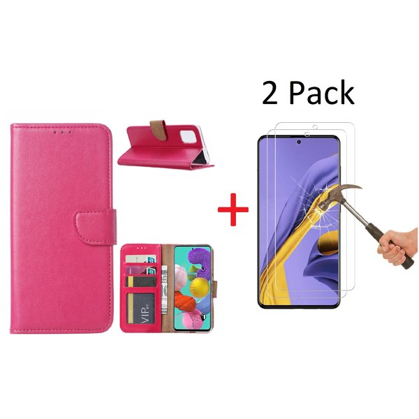 Ntech Hoesje Geschikt Voor Samsung Galaxy A51 Portemonnee hoesje + 2X Screenprotector - Roze/Pink