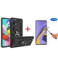 Ntech Samsung Galaxy A51 Armor Hoesje Ringhouder TPU + 2x Glazen Screenprotector - Zwart