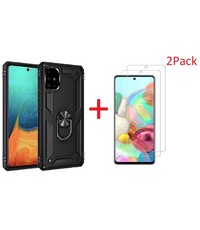 Ntech Samsung Galaxy A71 Armor Hoesje Ringhouder TPU + 2x Glazen Screenprotector - Zwart