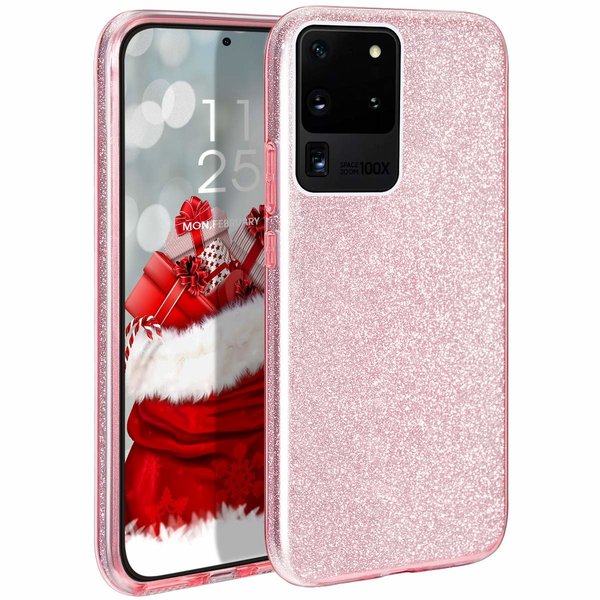 Ntech Geschikt voor Samsung Galaxy S20 Plus Glitter Hoes Roze