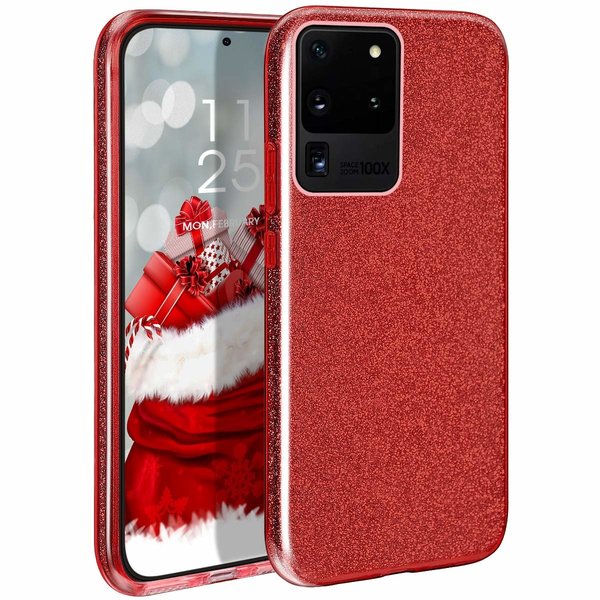 Ntech Geschikt voor Samsung Galaxy S20 Ultra Glitter Hoes Rood