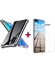 Ntech Huawei P40 Lite Anti Shock Hoesje TPU Back case Met 2 pack glazen Screenprotector - Transparant