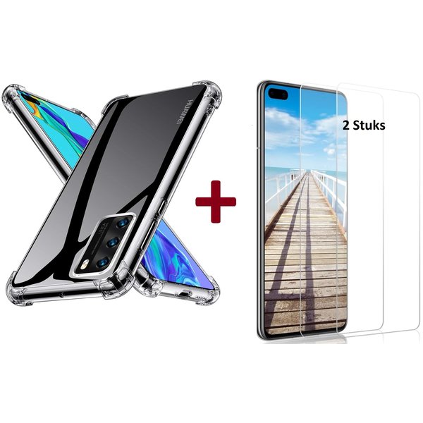 Ntech Geschikt voor Huawei P40 Lite Anti Shock Hoesje TPU Back case Met 2 pack glazen Screenprotector - Transparant