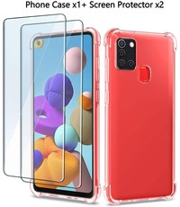 Ntech Samsung Galaxy A21S Hoesje - Anti Shock Hybride tpu Case & 2X Tempered Glas Combi - Transparant