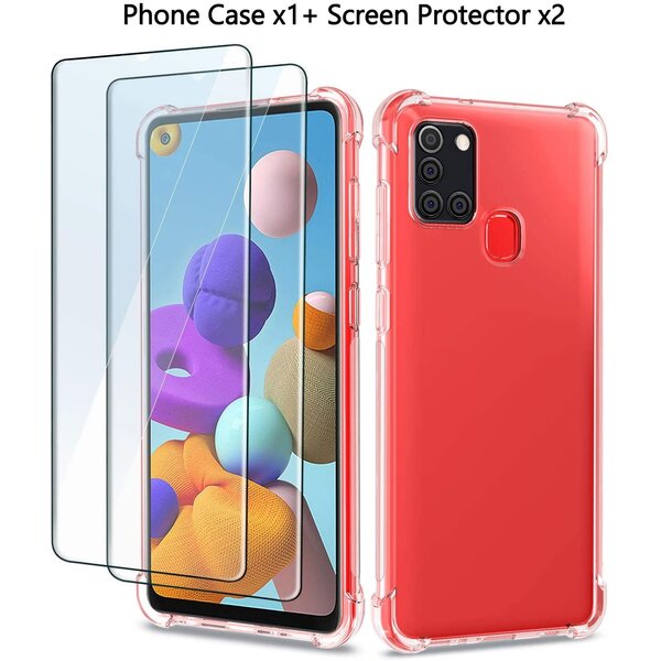 Ntech Hoesje Geschikt Voor Samsung Galaxy A21S Hoesje - Anti Shock Hybrid tpu Case & 2X Tempered Glas Combi - Transparant