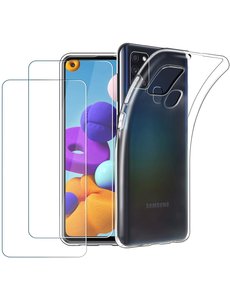 Ntech Samsung Galaxy A21S Hoesje Transparant TPU backcover Met 2 pack glazen Screenprotector - Clear