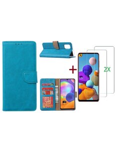 Ntech Samsung Galaxy A21S Hoesje Blauw / 2X glas Screenprotector