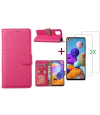 Ntech Samsung Galaxy A21S Hoesje Pink / 2X glas Screenprotector