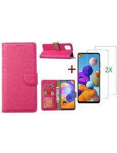 Ntech Samsung Galaxy A21S Hoesje Pink / 2X glas Screenprotector