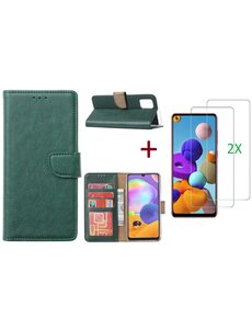 Ntech Samsung Galaxy A21S Hoesje Groen / 2X glas Screenprotector