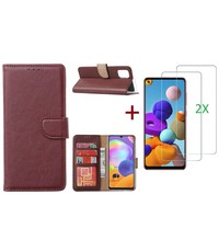 Ntech Samsung Galaxy A21S Hoesje Bordeaux / 2X glas Screenprotector