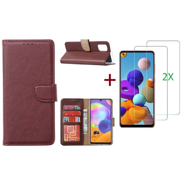 Ntech Samsung Galaxy A21S Hoesje Bordeaux / 2X glas Screenprotector