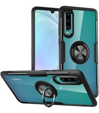 Ntech Huawei P30 Lite / P30 Lite New Edition hoesje Luxe Carbon Fiber Ring houder Armor - Zwart