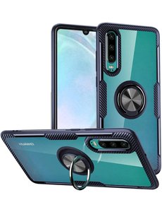 Ntech Huawei P30 Lite / P30 Lite New Edition hoesje Luxe Carbon Fiber Ring houder Armor - Blauw