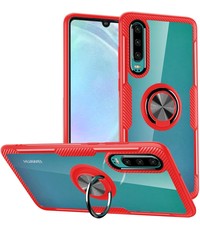 Ntech Huawei P30 Lite / P30 Lite New Edition hoesje Luxe Carbon Fiber Ring houder Armor - Rood