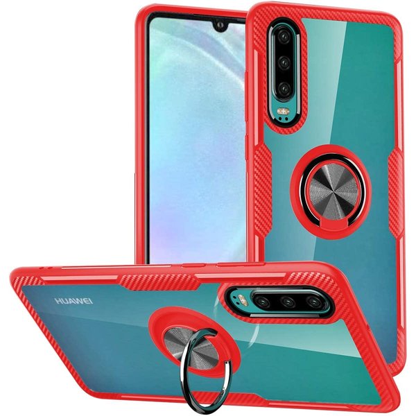 Ntech Huawei P30 Lite / P30 Lite New Edition hoesje Luex Carbon Fiber Ring houder Armor - Rood