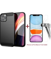 Ntech iPhone 12 Pro Max Hoesje Geborsteld Tpu Zwart & 2x tempered glass