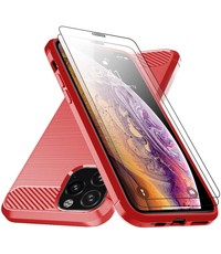 Ntech iPhone 12 / 12 Pro Hoesje Geborsteld Tpu backcover Rood & 2x tempered glass