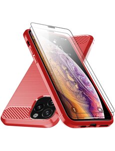 Ntech iPhone 12 / 12 Pro Hoesje Geborsteld Tpu backcover Rood & 2x tempered glass