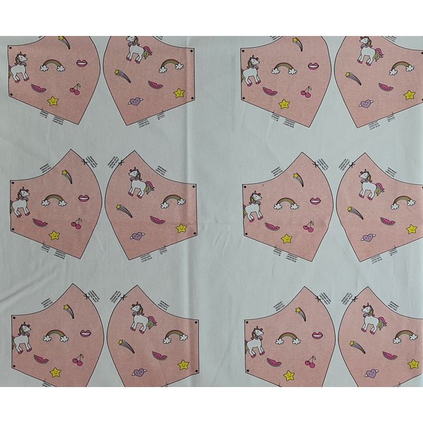 Merkloos Stof voor mondkapjes van 100% katoen | voorbedrukt paneel |12 mondkapjes om zelf te naaien - exclusieve designs - Unicorn - Roze