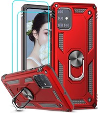 Ntech Samsung Galaxy A51 Armor Ring hoesje & 2x Glazen tempered - Rood