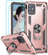 Ntech Samsung Galaxy A51 Armor Ring hoesje & 2x Glazen tempered - Rose goud