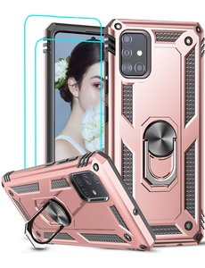 Ntech Samsung Galaxy A51 Armor Ring hoesje & 2x Glazen tempered - Rose goud