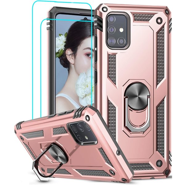 Ntech Hoesje Geschikt Voor Samsung Galaxy A51 Armor Ring hoesje & 2x Glazen tempered - Rose goud