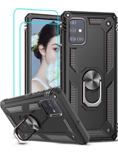Ntech Samsung Galaxy A51 Armor Ring hoesje & 2x Glazen tempered - Zwart