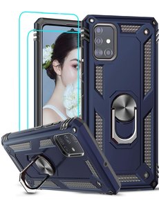 Ntech Samsung Galaxy A51 Armor Ring hoesje & 2x Glazen tempered - Donker Blauw