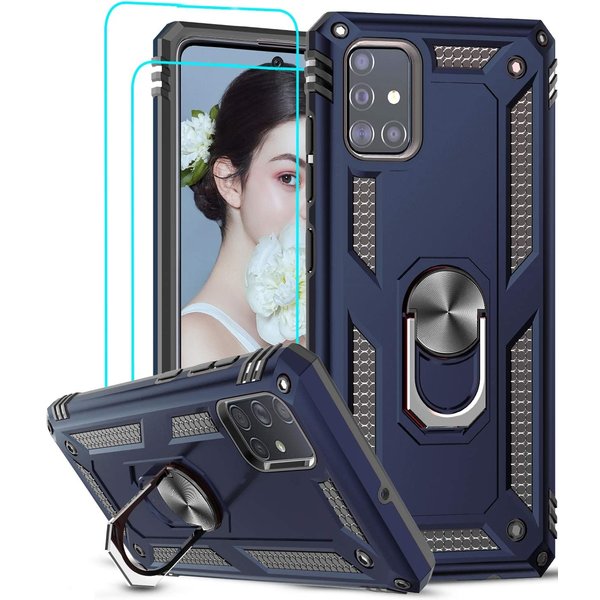 Ntech Hoesje Geschikt Voor Samsung Galaxy A51 Armor Ring hoesje & 2x Glazen tempered - Donker Blauw