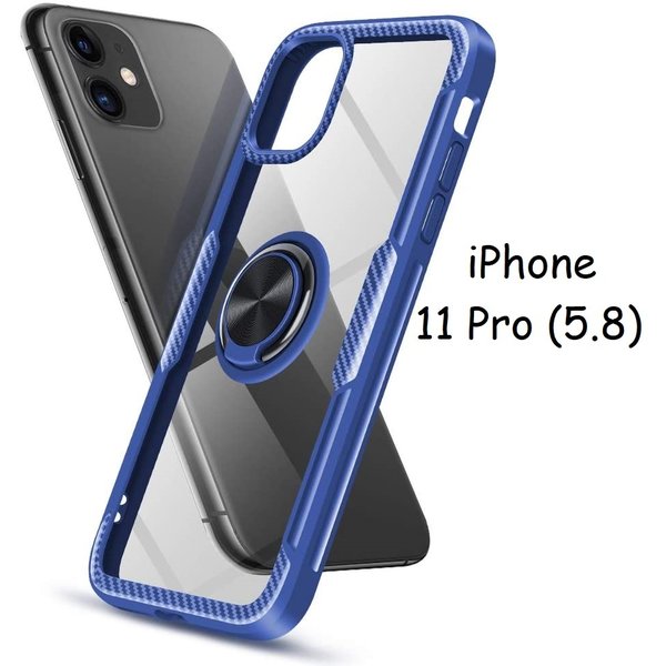 Ntech Hoesje Geschikt voor iPhone 11 Pro Luxe Back Hoesje Metalen Ring houder - Donker Blauw